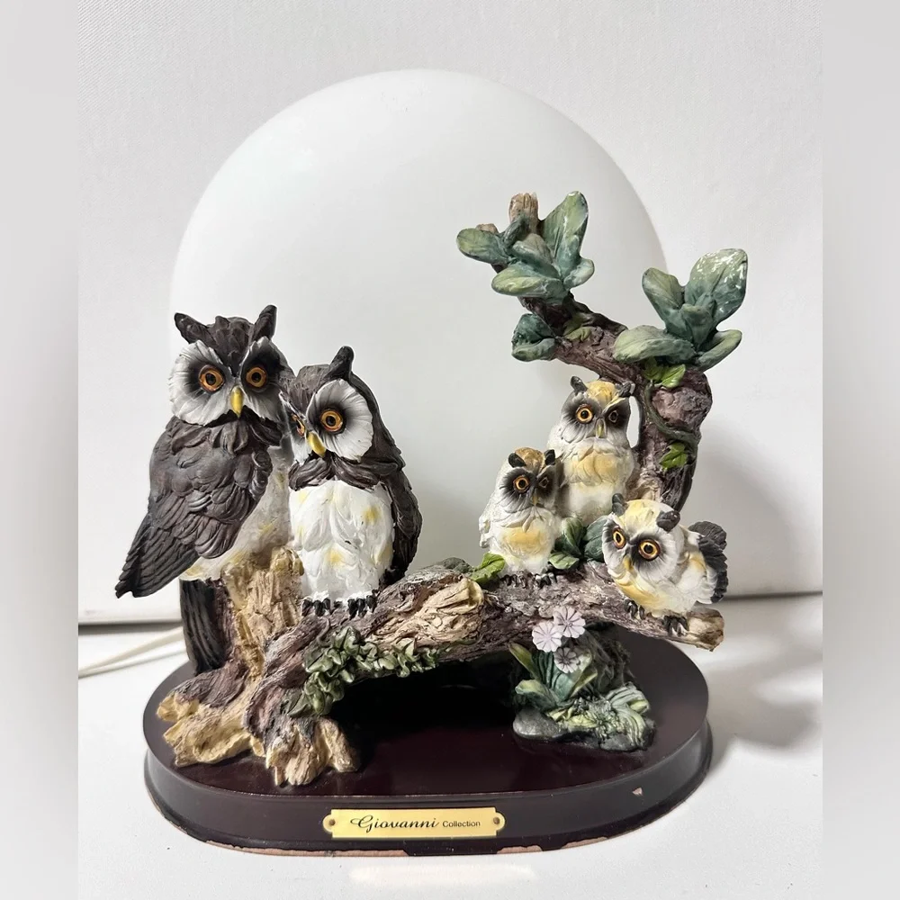 Vintage Resin Owl Family Statue Glass Moon Night Light Wild Life Scene Rare Find